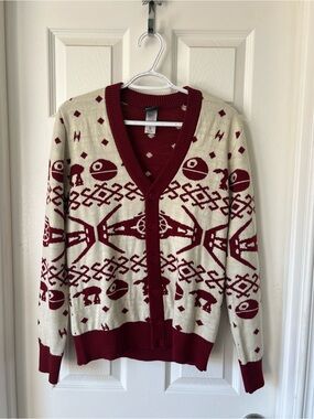Star Wars Holiday Christmas Cardigan Burgundy Knit Logo Sweater Women’s Small